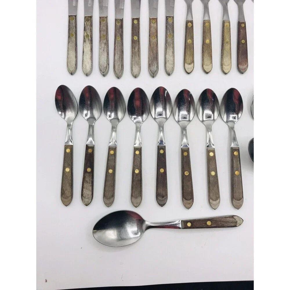 Town & Country USA Vintage Flatware Set 31 Pc Wood Handle Stainless Knives Forks